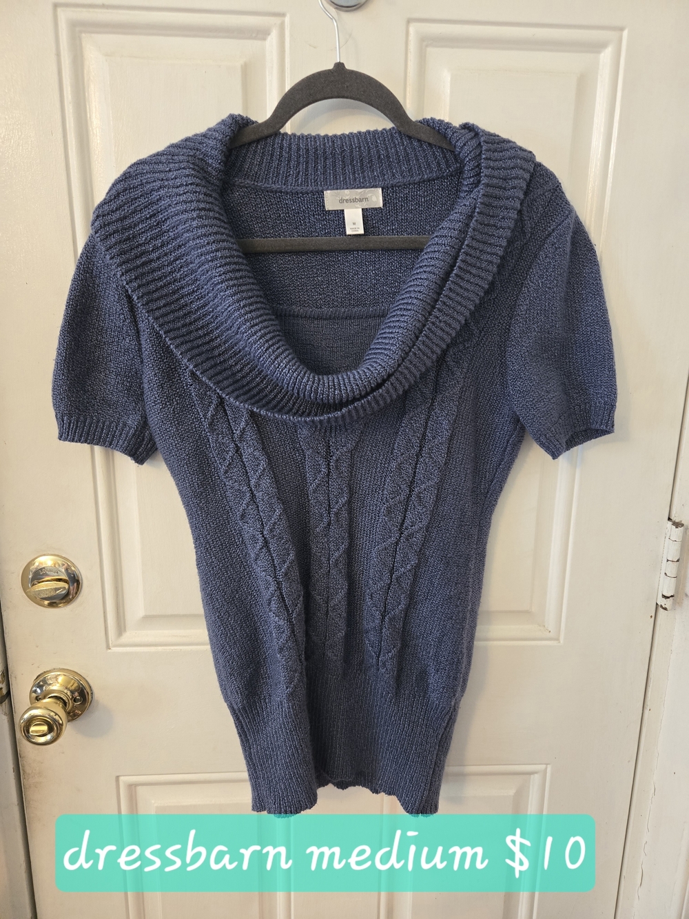 Dress Barn navy cable-knit short-sleeve cowl-neck sweater